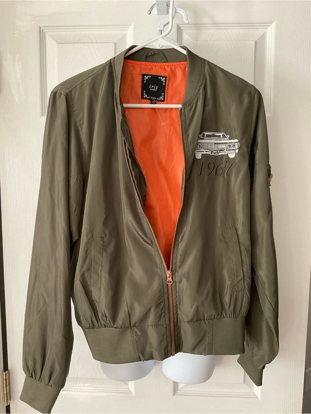 iris Olive Green Bomber Jacket with Embroidered Car Decal